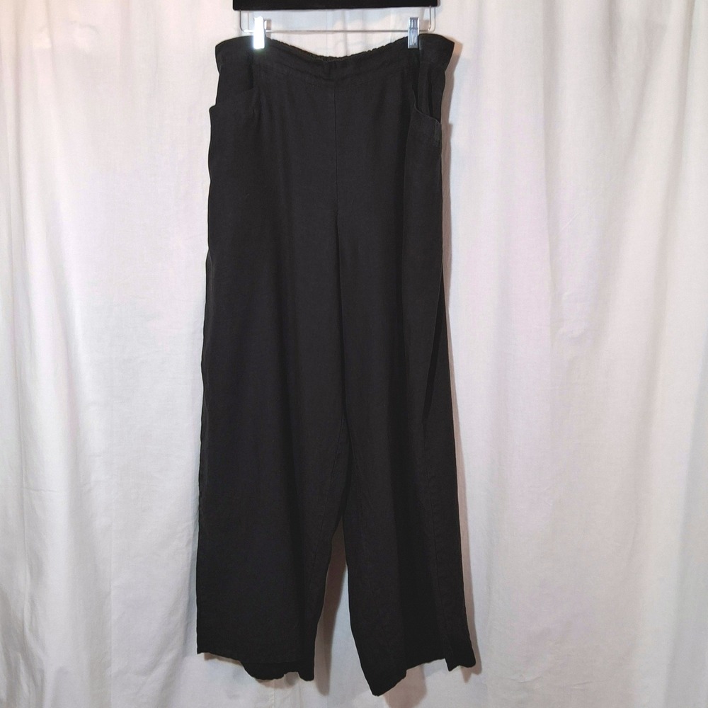 FLAX Womens Black 100% Linen Wide Leg Long Pants Lg Lagenlook Made in Lithuania
